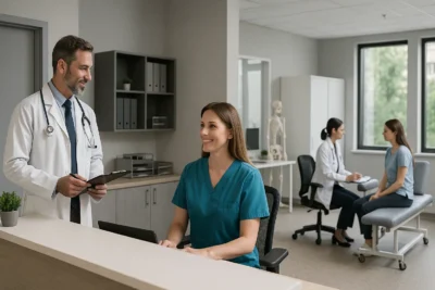 Recepção moderna de coworking médico com médico conversando com atendente enquanto outra profissional realiza atendimento em consultório ao fundo, em ambiente amplo, iluminado e realista.